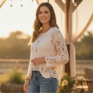 POL Crochet Lace Top Cream Paisley Open Knit Boho Blouse – One Size NWOT